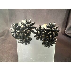 Vintage 1950s Black Floral Cluster Clip-On Earrings MCM Beaded Petal Design